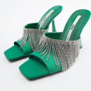 ZARA Rhinestone Sparkly Heeled Sandals Green BNWT